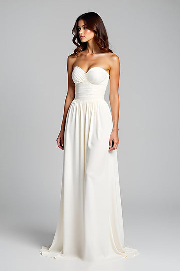 Sheath White Strapless Ruched Long Formal Dress